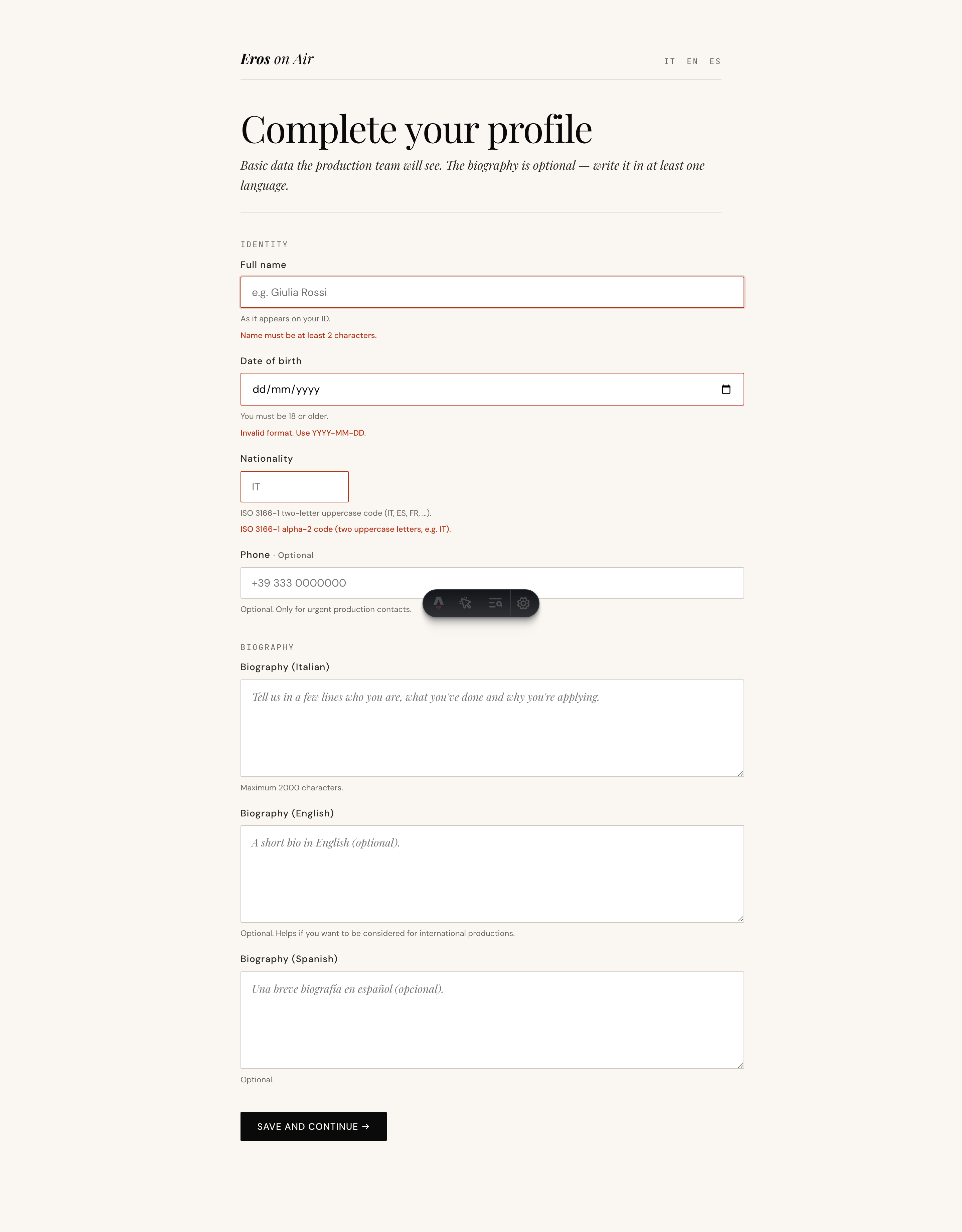Registration form with localised errors