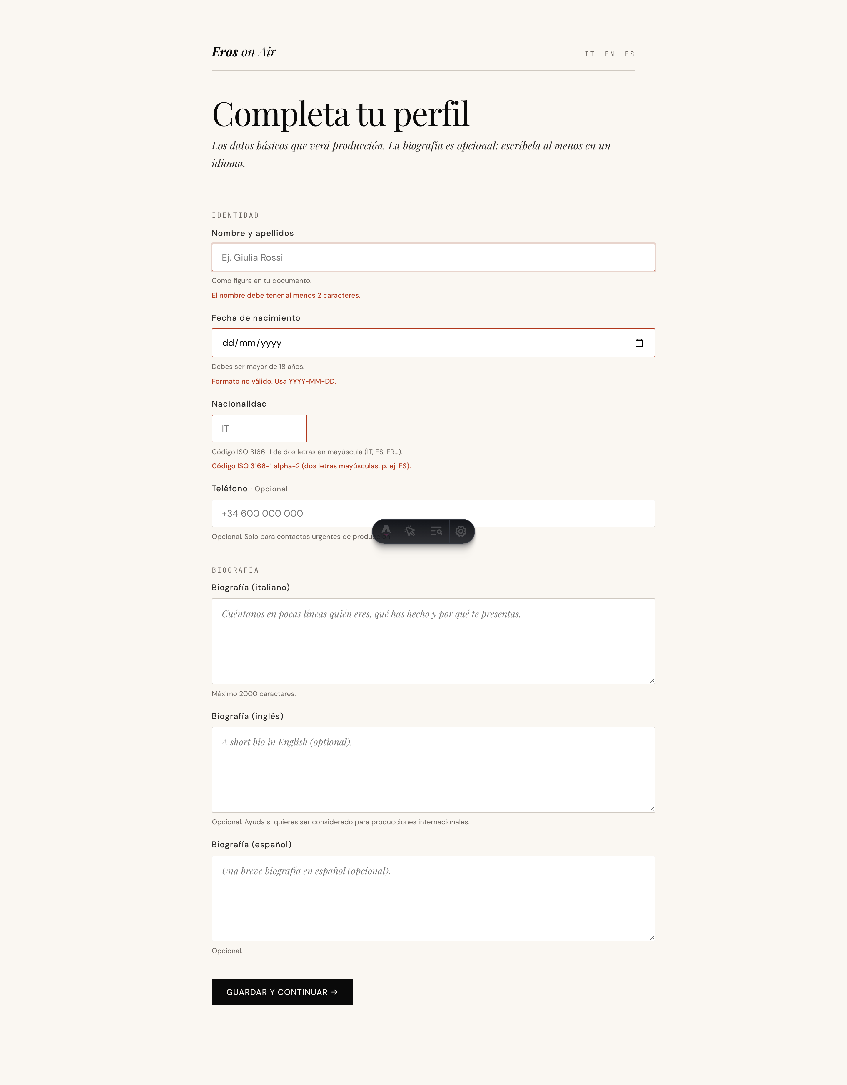 Formulario de registro con errores localizados